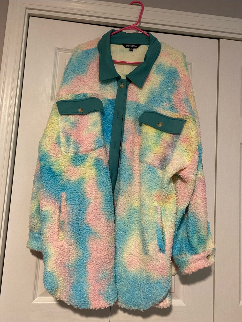 DAVI & DANI Pastel Tie-Dye Teddy Jacket with Teal Trim